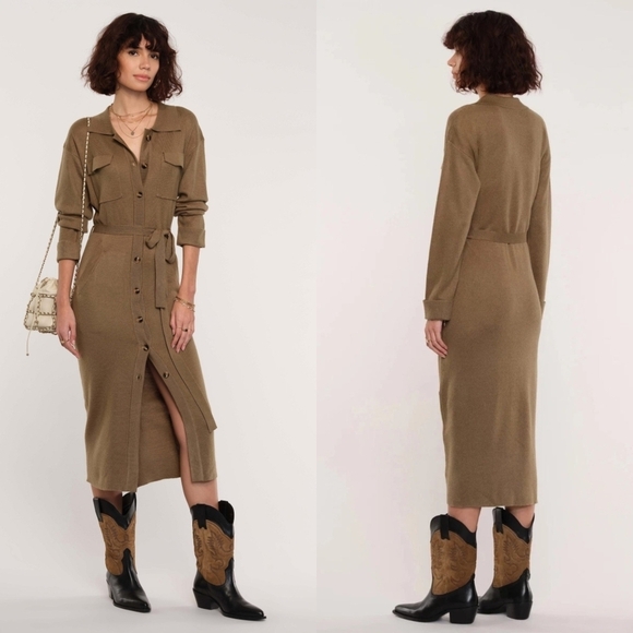 Heartloom Melina Wool Blend Midi Cardigan Dress in Olive, Size Small - Picture 2 of 10